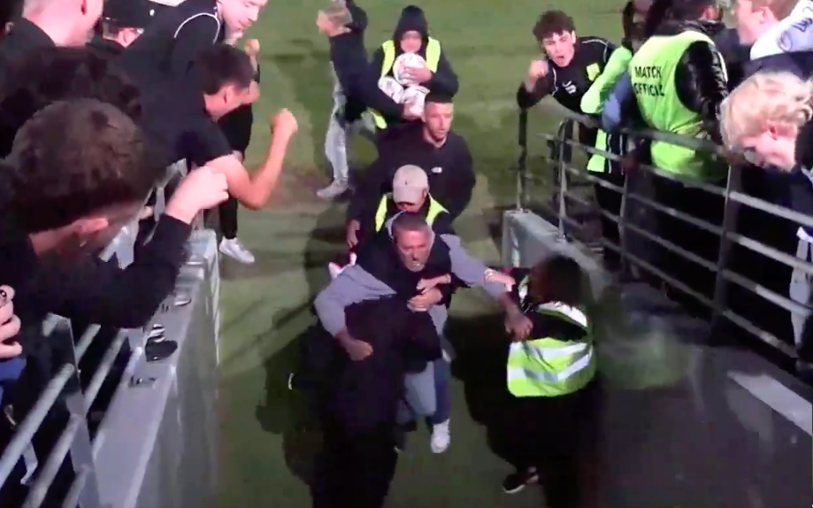 After throwing his beer bottle at a Mandurah City FC player, a spectator tried to push his way passed ground marshalls and into the change rooms. Picture credit: The West Australian