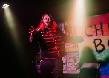 Drag king Frank Opinion performs onstage at queer nightclub Cheery Bomb. Picture: Ven Tithing